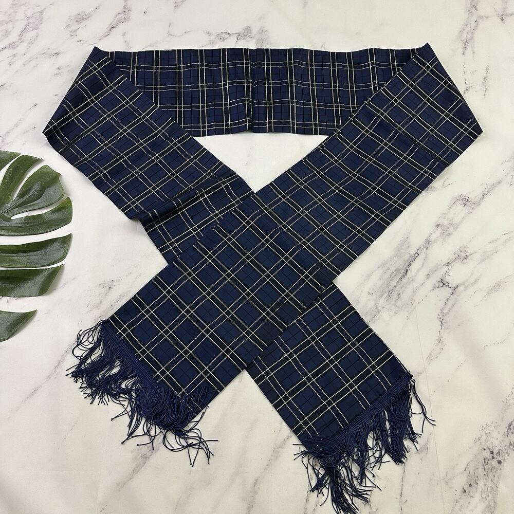 Womens Vintage 90s Plaid Taffeta Scarf Wrap Navy Blue Gold Fringe Long